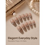 Nude‑Brown Gradient Medium‑Long Coffin Press‑On Nails, Elegant False Nails With Thin Black Lines & Rhinestones